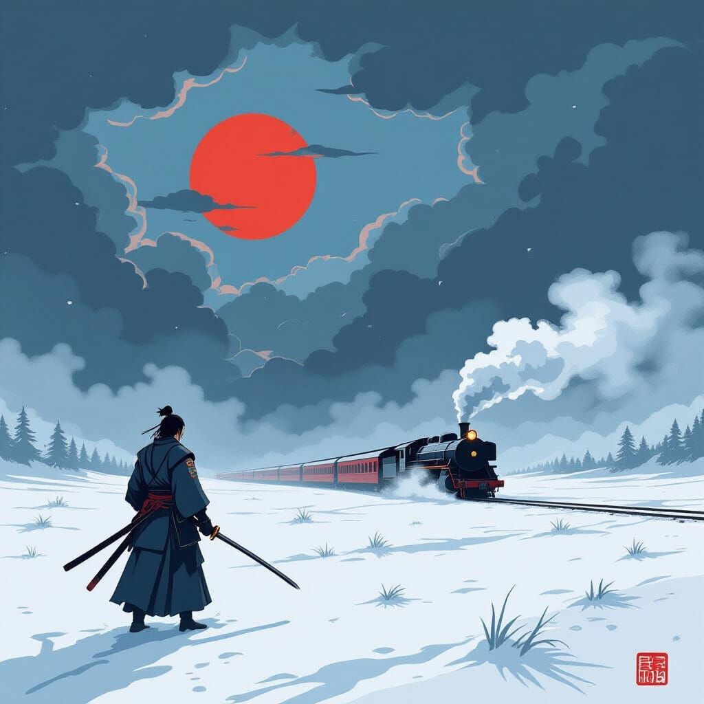 Samurai Warrior on Snowy Battlefield in Ukiyo-e Style
