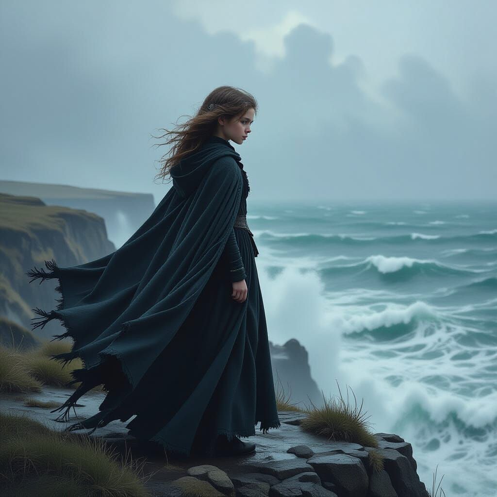 Girl on Windswept Cliff Overlooking Stormy Sea
