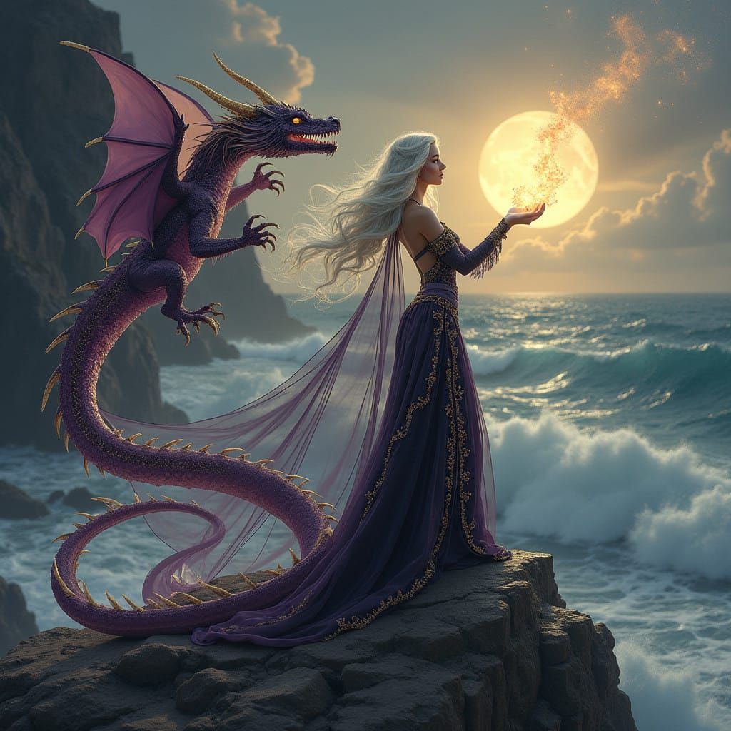 Ethereal Wizardess in Lavish Evening Gown with Majestic Drag...