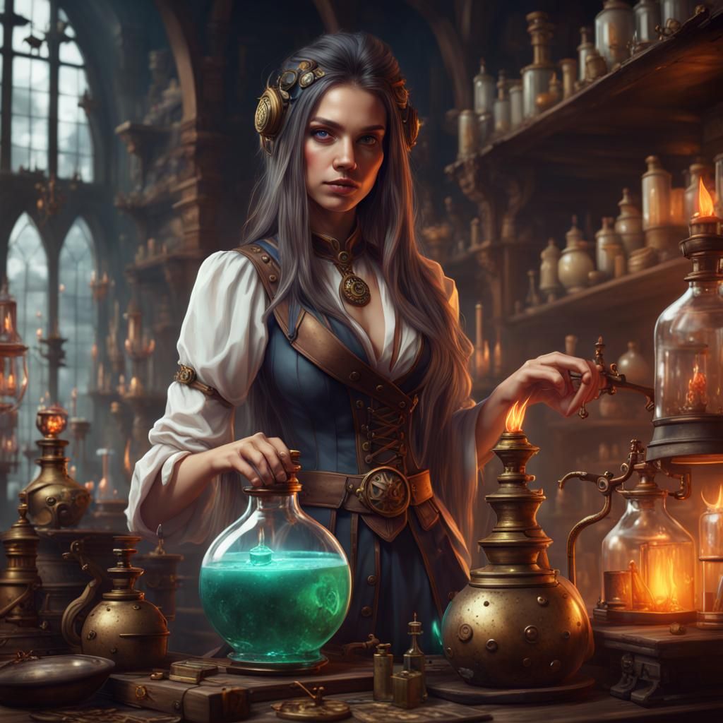 Steampunk Alchemist: Young Woman Making Potions