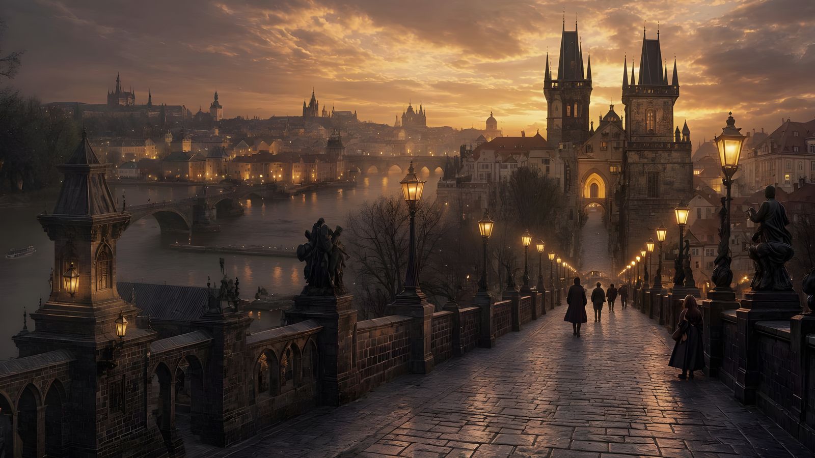 Charles Bridge Prague Dusk: Detailed Matte Painting