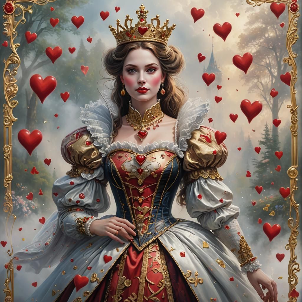 Create an image of a queen of hearts playing card in which t...