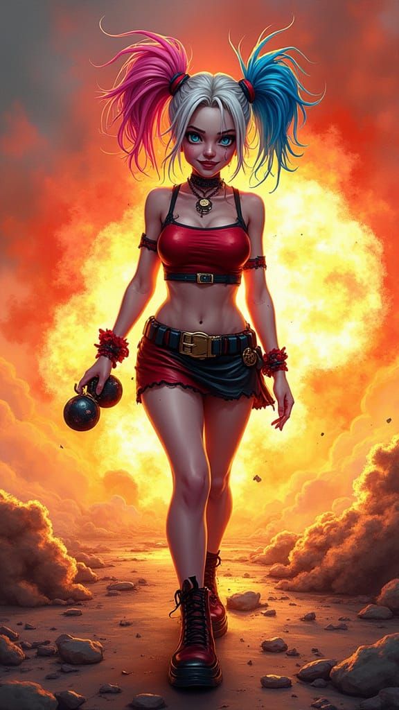Harley Quinn Explosion: Vibrant Comic Art Style