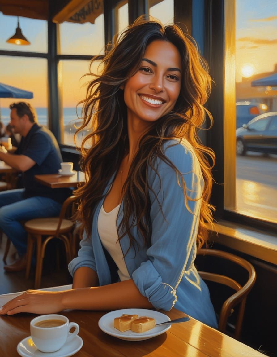 Woman in Cafe: Romantic Realism Oil Painting