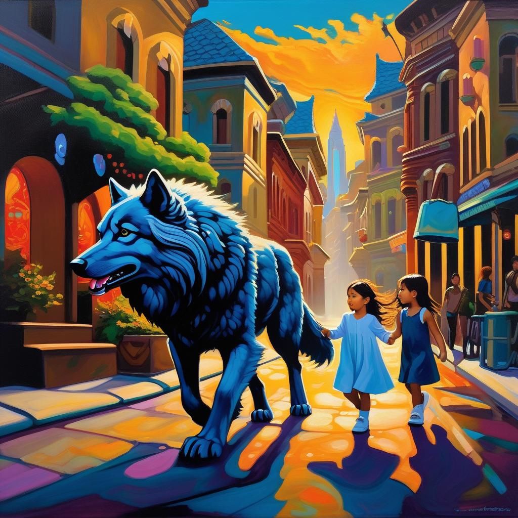 majestic ancient Dire Wolf escorting a little chibi girl as her pet and protector