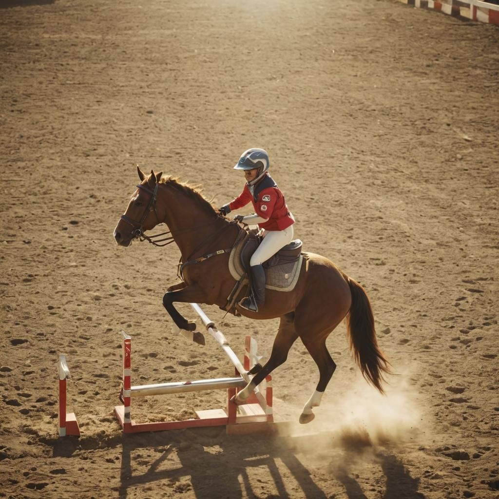 Red Bull Rider Jumps Obstacle in Sunlit Arena
