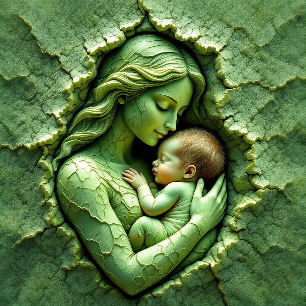 Veiny green leaves morphed into imprint of a mother cradling...