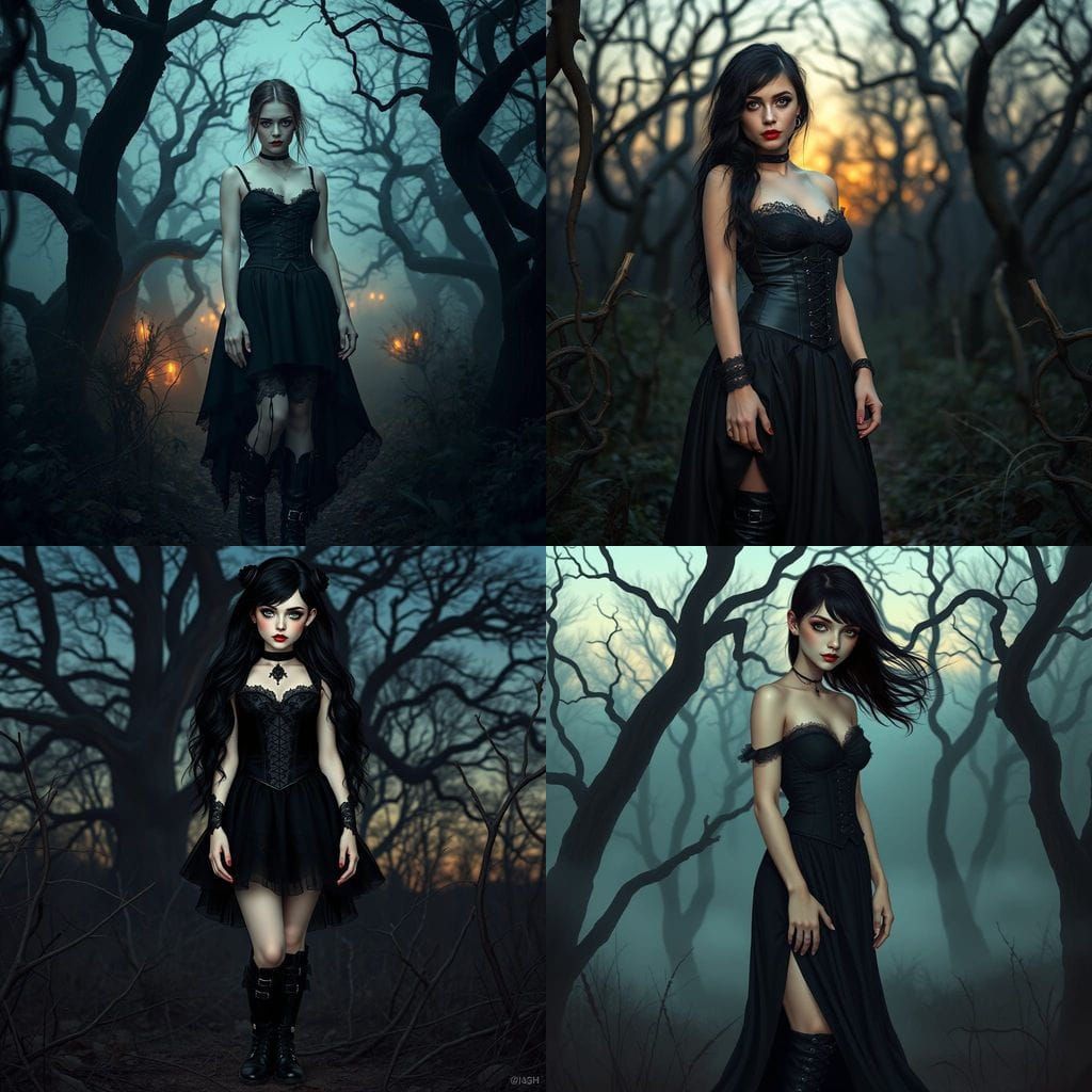 Gothic Willowy Woman in the Dusk Wilderness