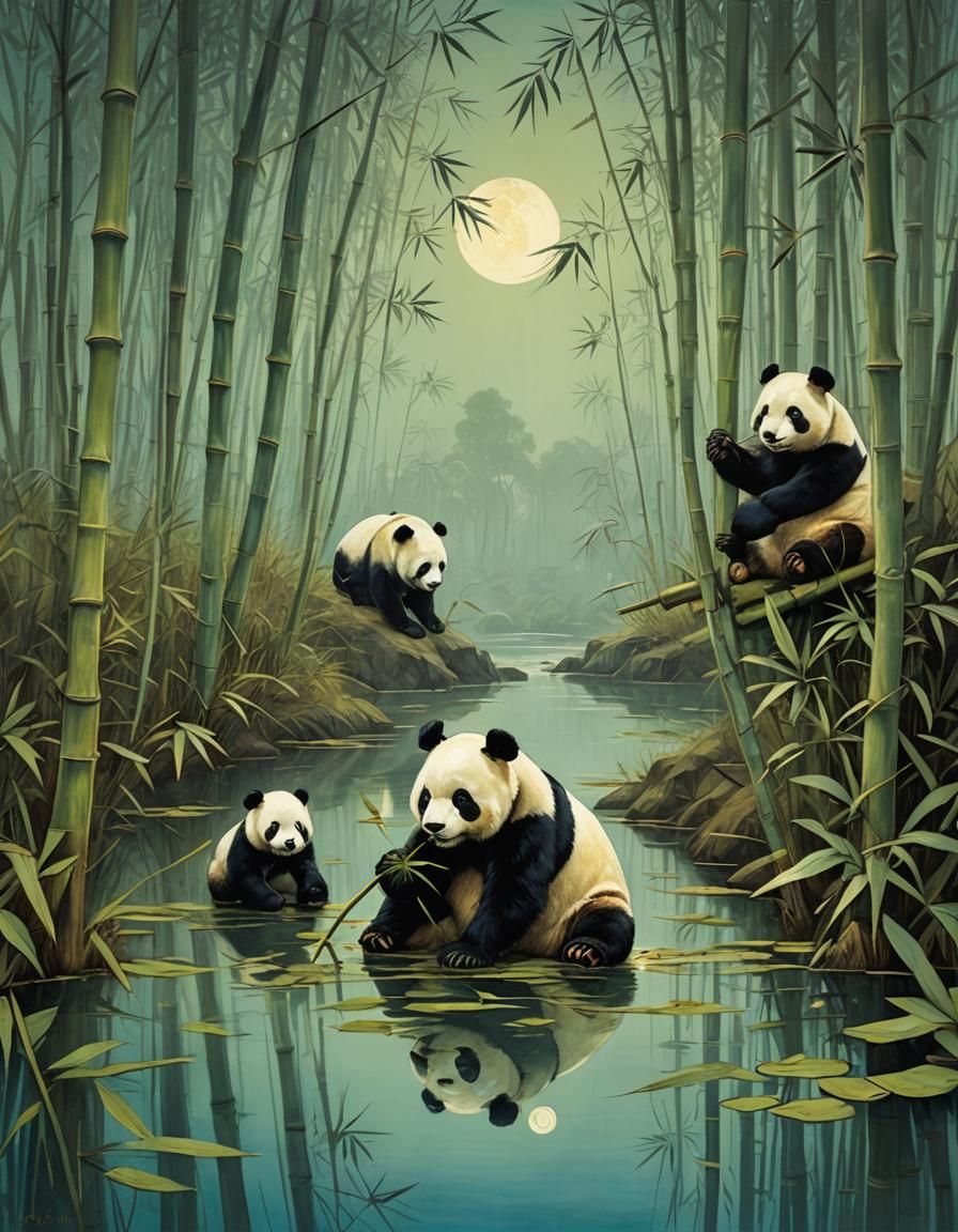 Panda Cubs Playing in Moonlight, Neo-Cubism Style