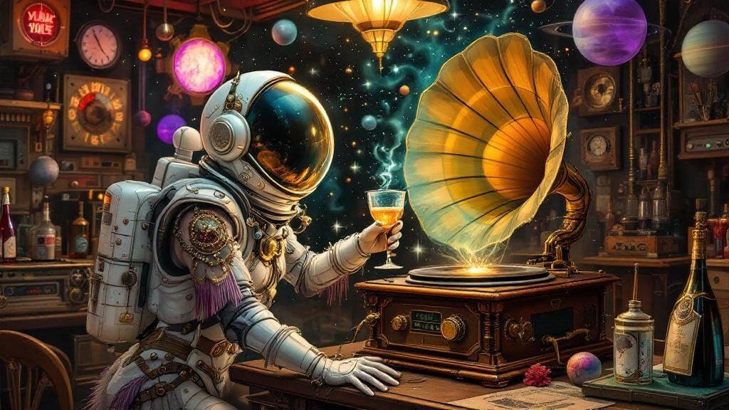 Steampunk Astronaut Flapper in Cosmic Nightclub