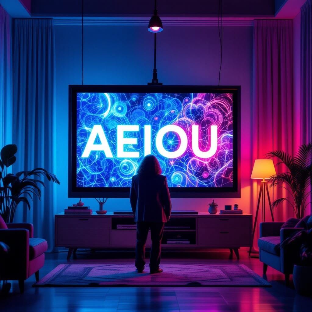 Jim James in Futuristic Room with AEIOU Computer Screen