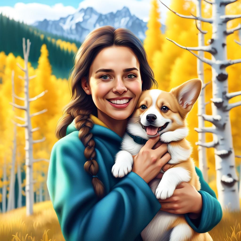 Girl with Corgi in Mountain Landscape Painting
