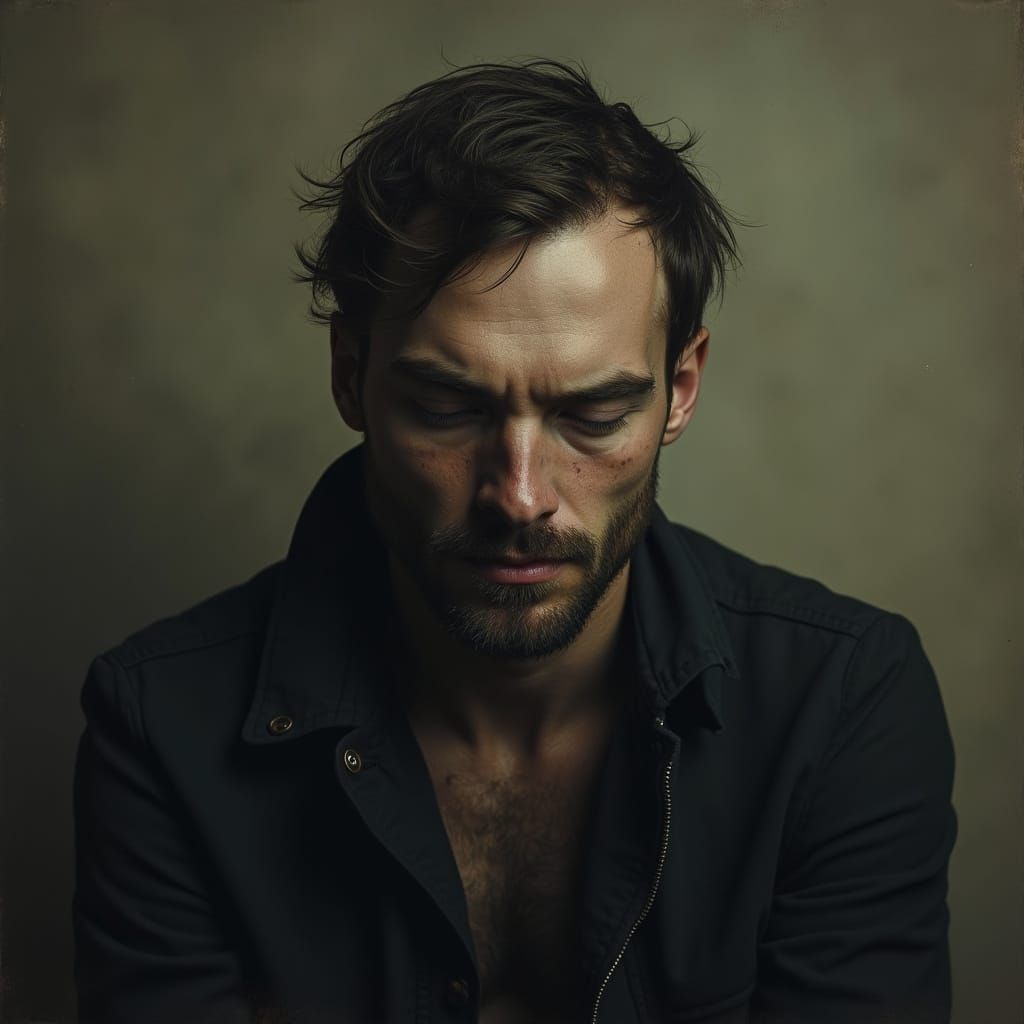 Melancholic Man in Dark Reflection