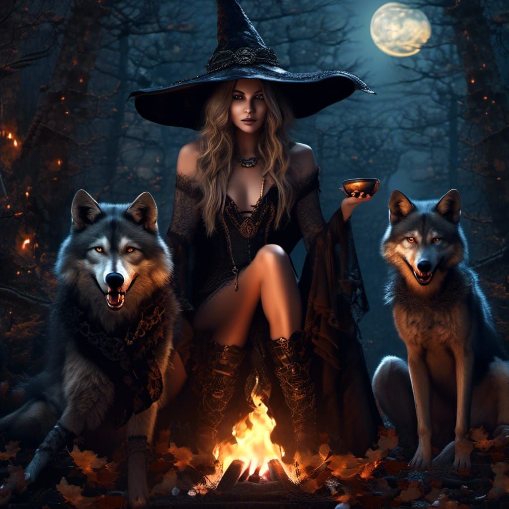Goddess Witch with Wolf in Dark Woods