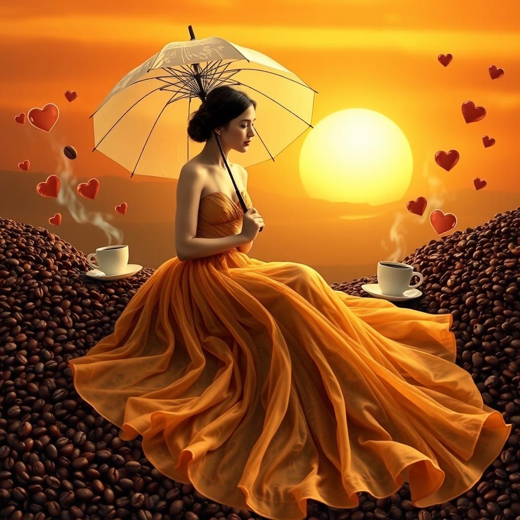 Coffee Dress: Surreal Sunset Scene in Abstract Vector Style