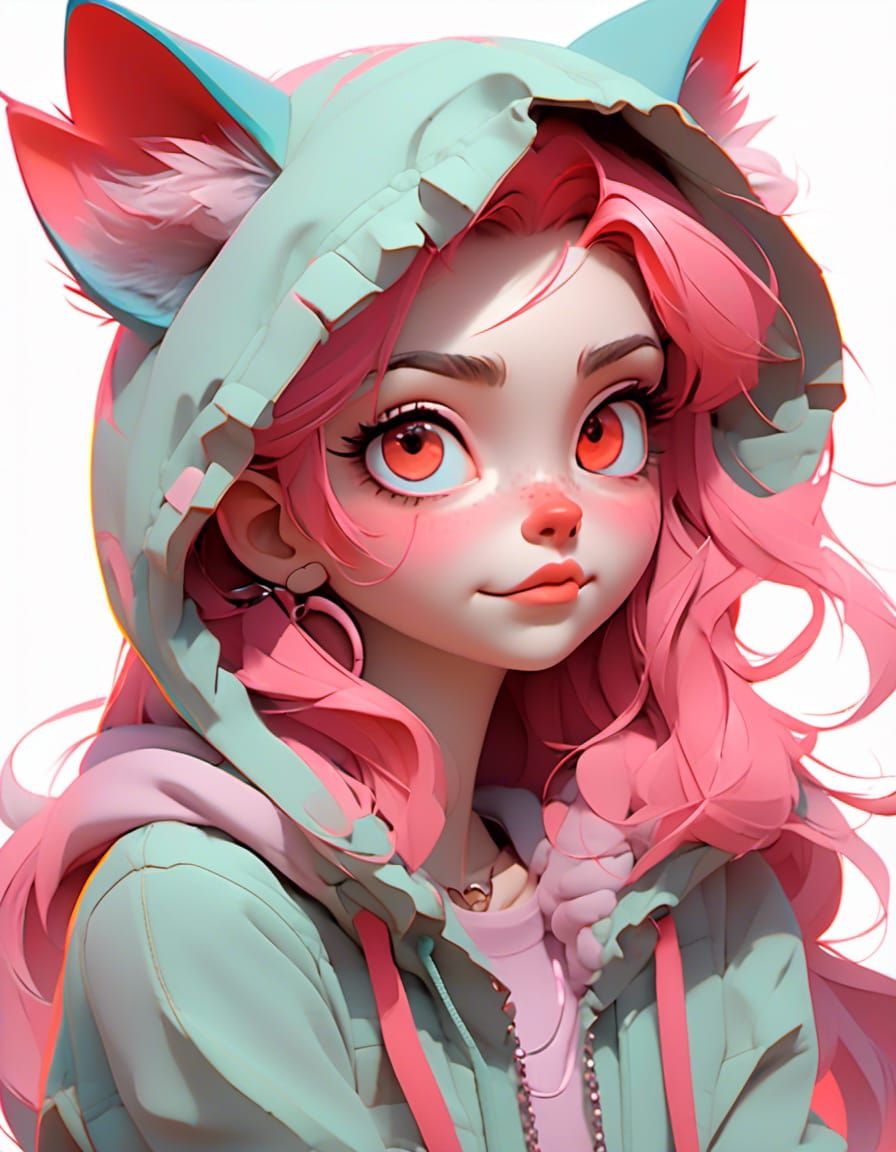 Girl in Cat Hoodie: Pixar Style 3D Render