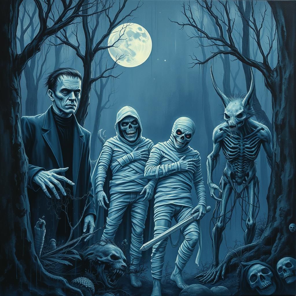 Gothic Horror Quartet in Anime Impasto Style