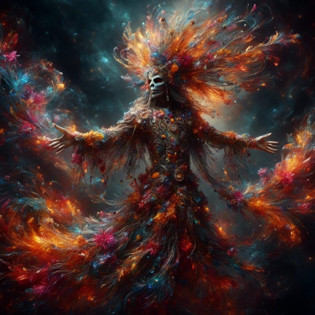 Trickster God in Mexican Attire with Crystal Ribbons