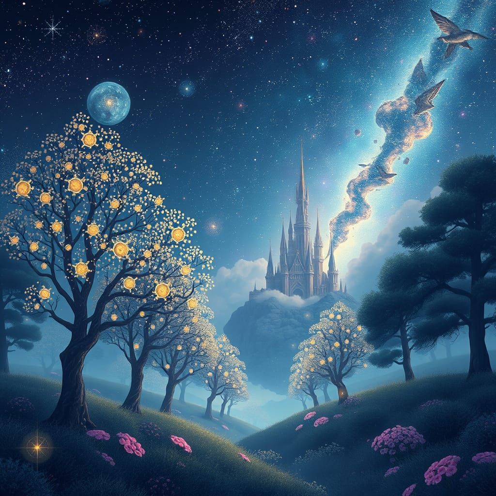 Cosmic Forest Castle in the Sky with Stardust Trees