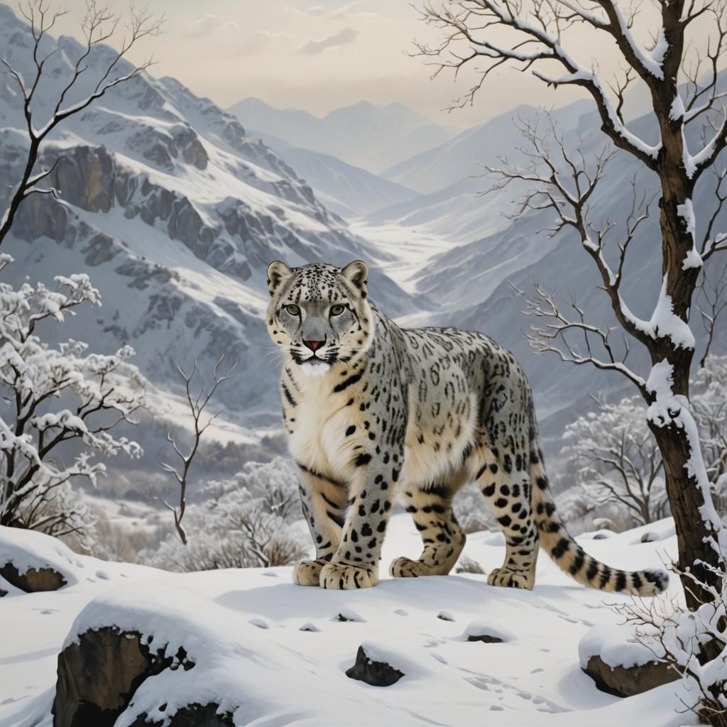White Snow Leopard in Snowy Landscape
