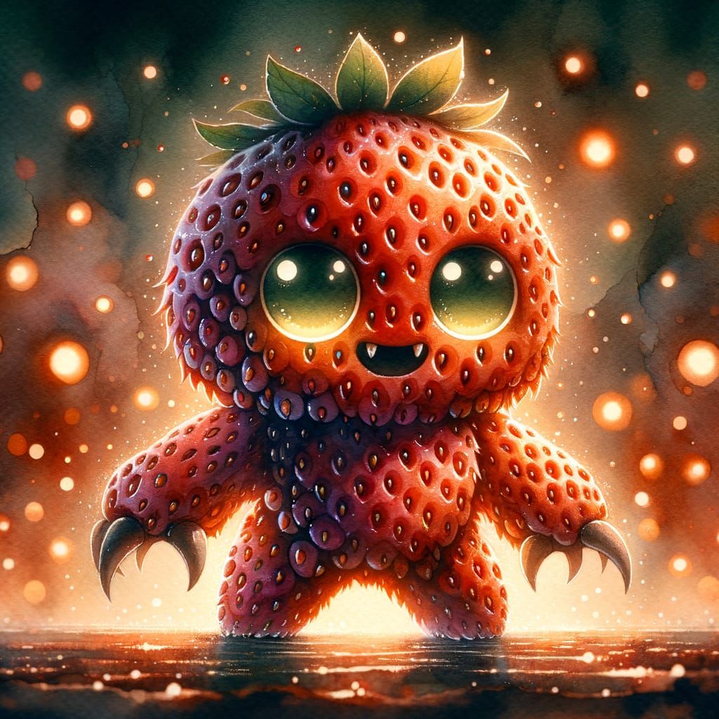 Sinister Strawberry Monster in Watercolor Style