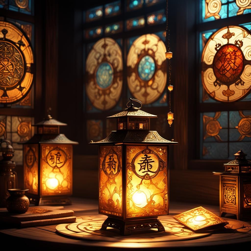 Mystical Anime Lantern with Ancient Symbols