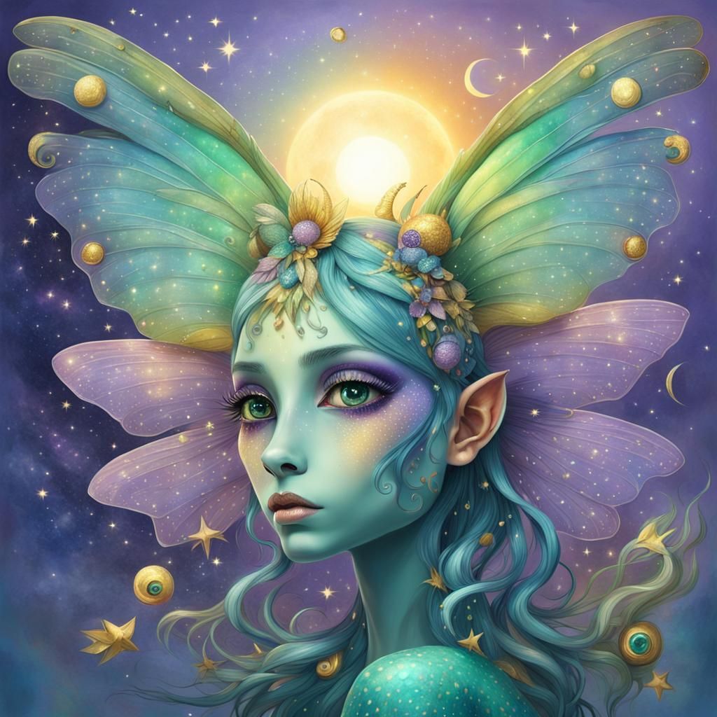 Surreal Fairy Creature with Lilac and Gold Scales