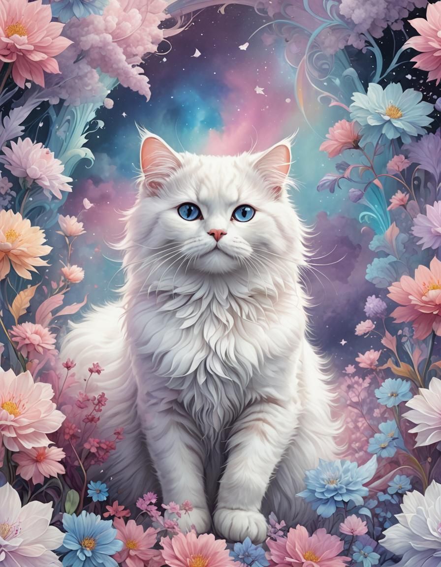 White Cat on Rainbow in Fractal Watercolor Style
