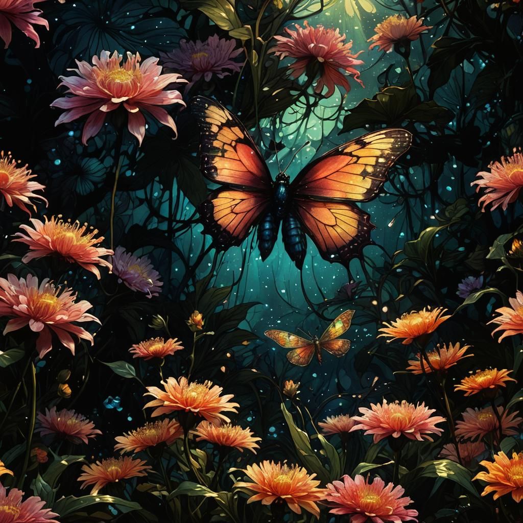 Glowing Butterflies in Dark Fantasy Art Nouveau Style
