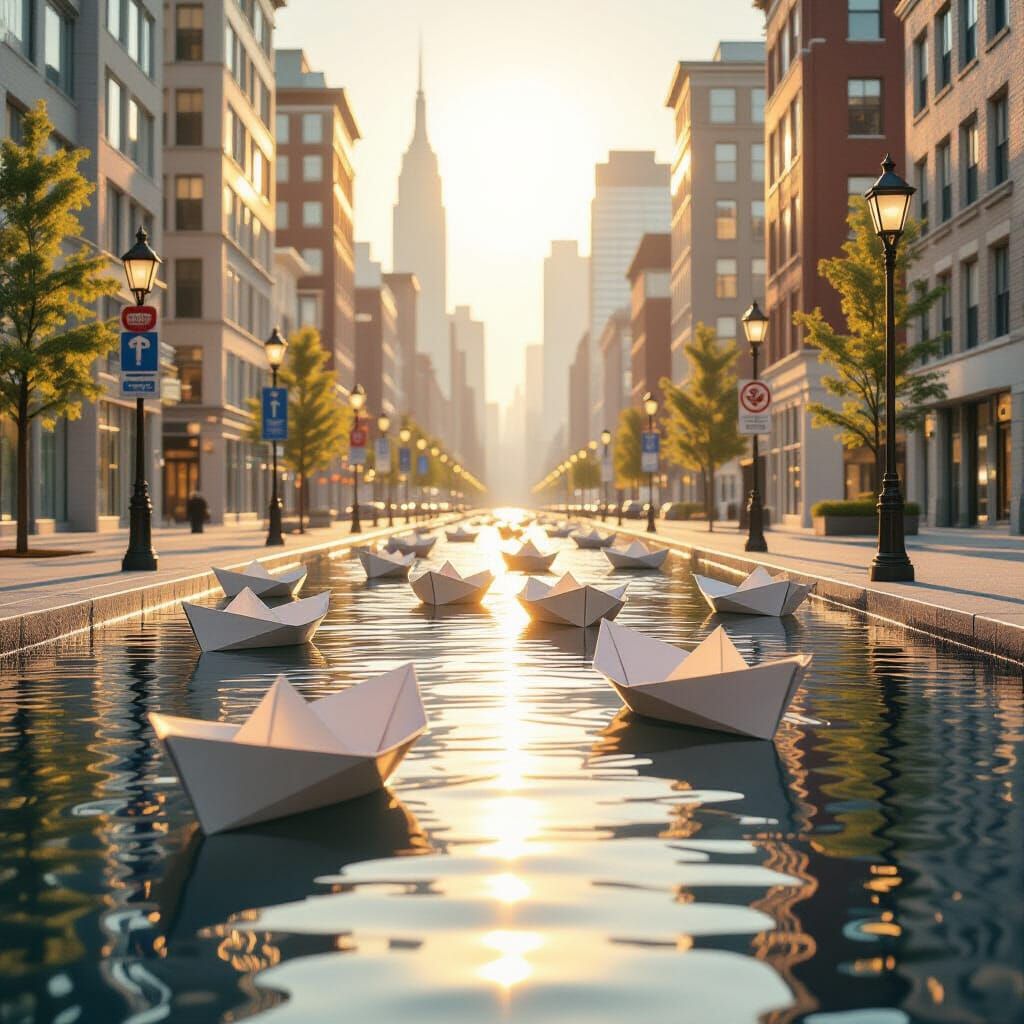 Paper Boats Sail Through a Sunlit City Sea