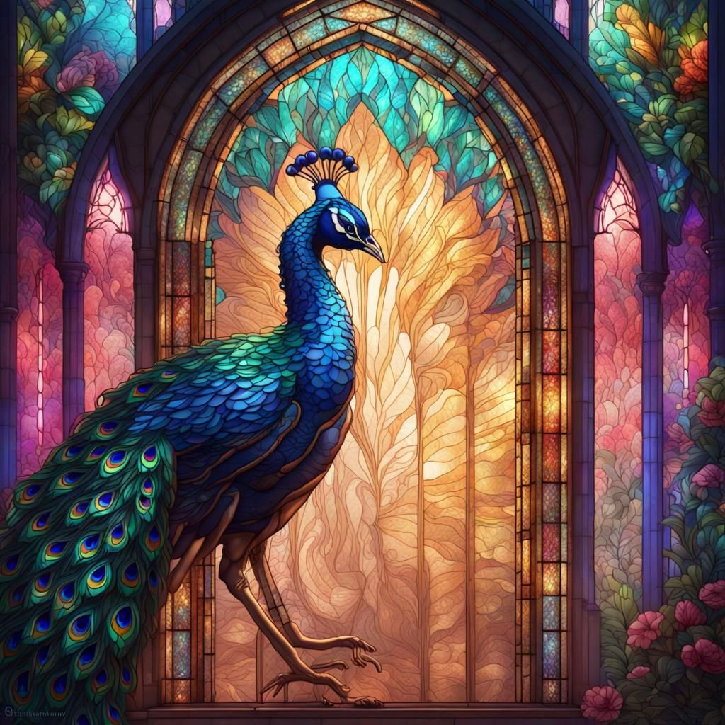 Neon Lit Stained Glass Peacock Artwork