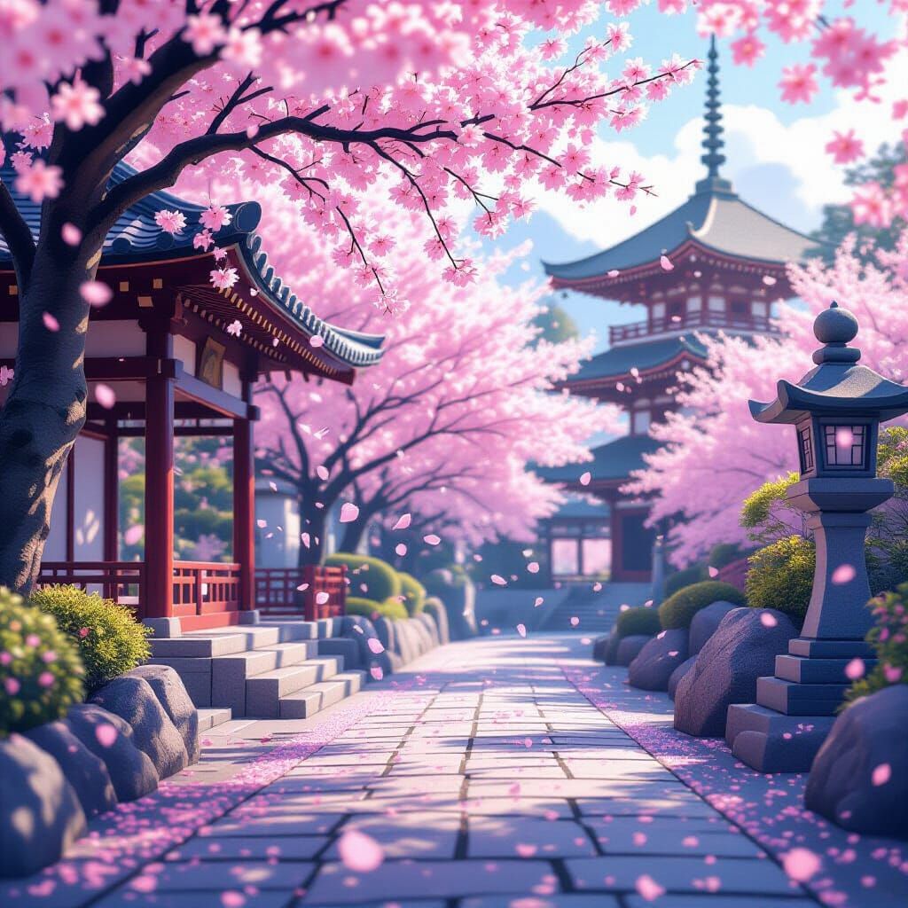 Cherry Blossoms in Serene Japanese Temple Garden