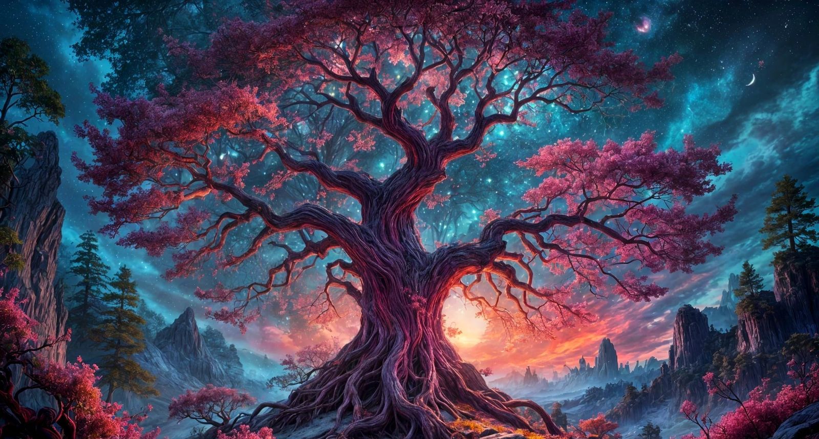 Enchanted Tree Radiates Ethereal Glow in Moonlit Forest