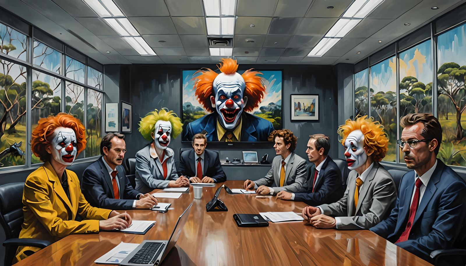 Surreal Boardroom Meeting with Clowns, Oil Painting