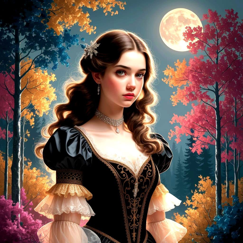 Brunette in Black and Gold Dress as Impasto Painting