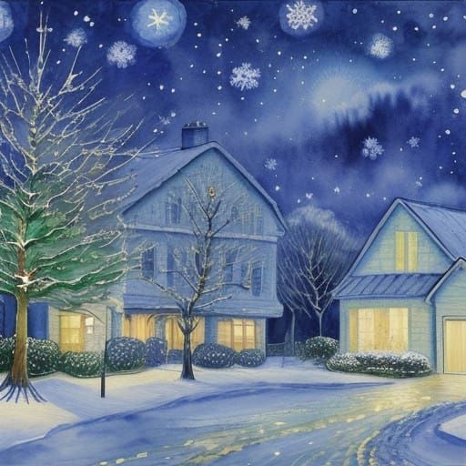 Soft Golden Christmas Scene in Impressionist Watercolor Styl...