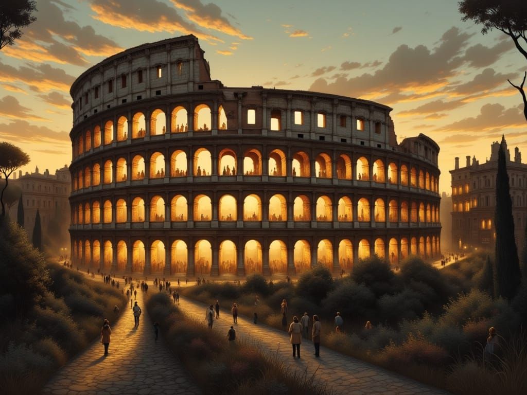 Golden Dusk Illuminates Ancient Rome's Majestic Colosseum