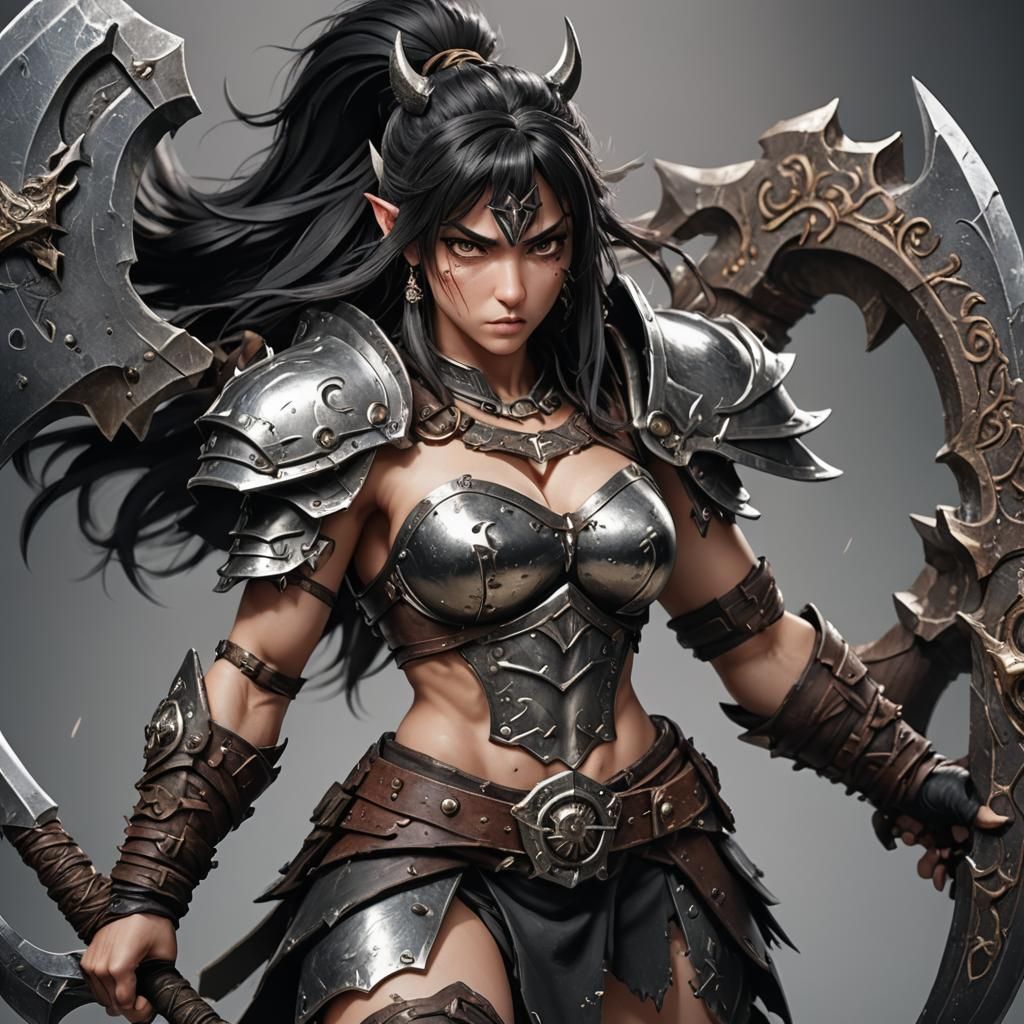 Anime Barbarian with Battle-Axe in 3D Rendered Style