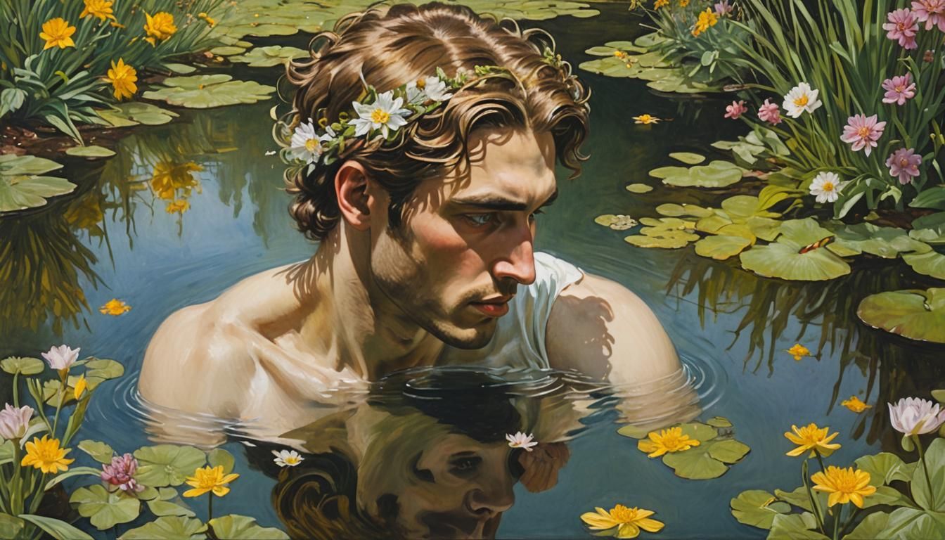 Narcissus Gouache Painting Reflecting in Pool