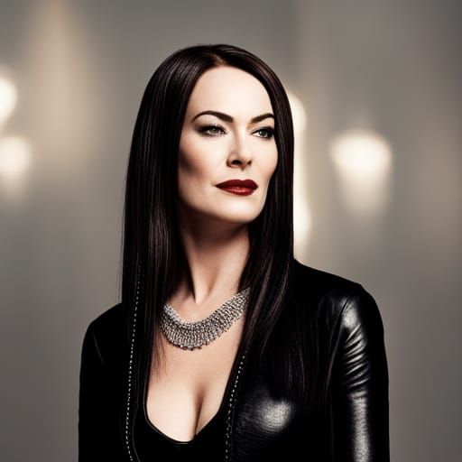 Hyperrealistic Portrait of Morticia Addams Smiling