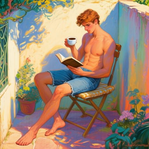 Man Reading Coffee in Sunny Garden Alcove