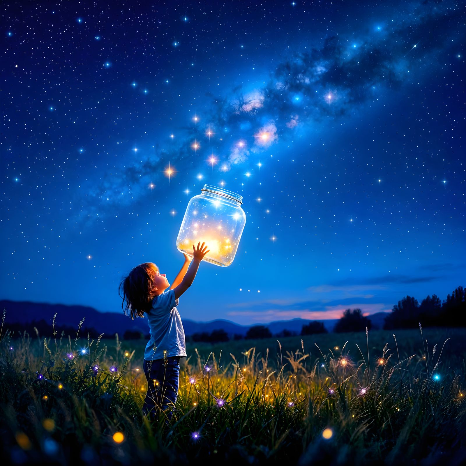 Child Captures Stars in Glass Jar at Night