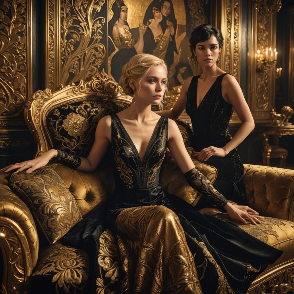 Two Women in Ornate Klimt-Inspired Room