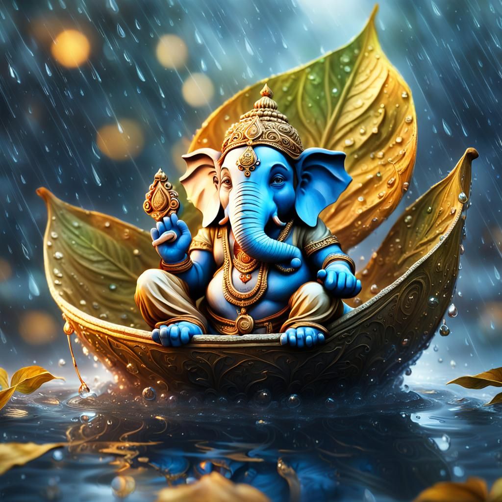 Lord Ganesha in Leaf Boat, Digital Watercolor Art