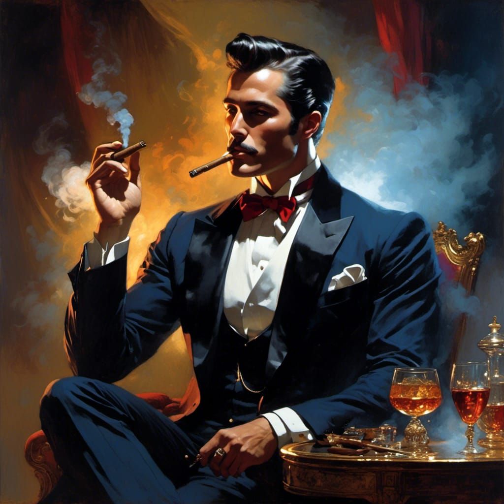 Handsome man in tuxedo smoking a cigar