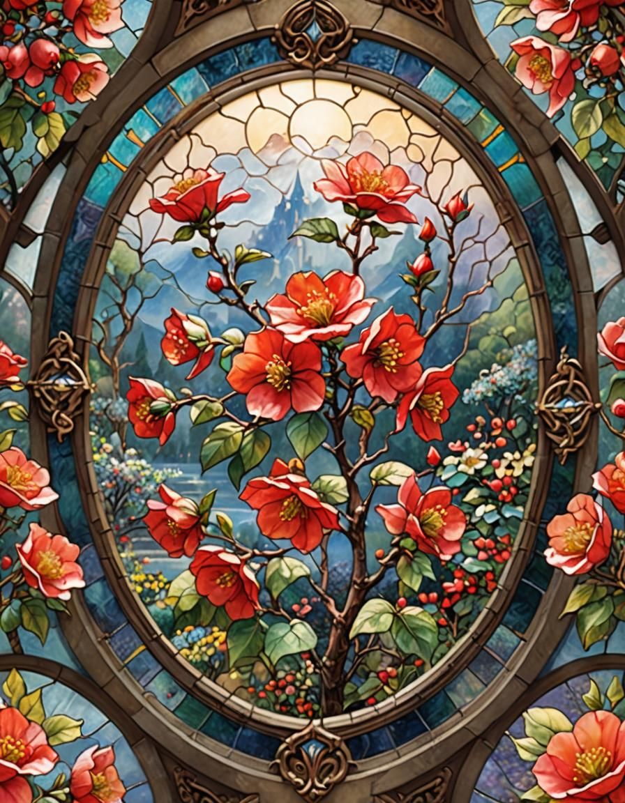 Stained Glass Quince Flower in Ethereal Style