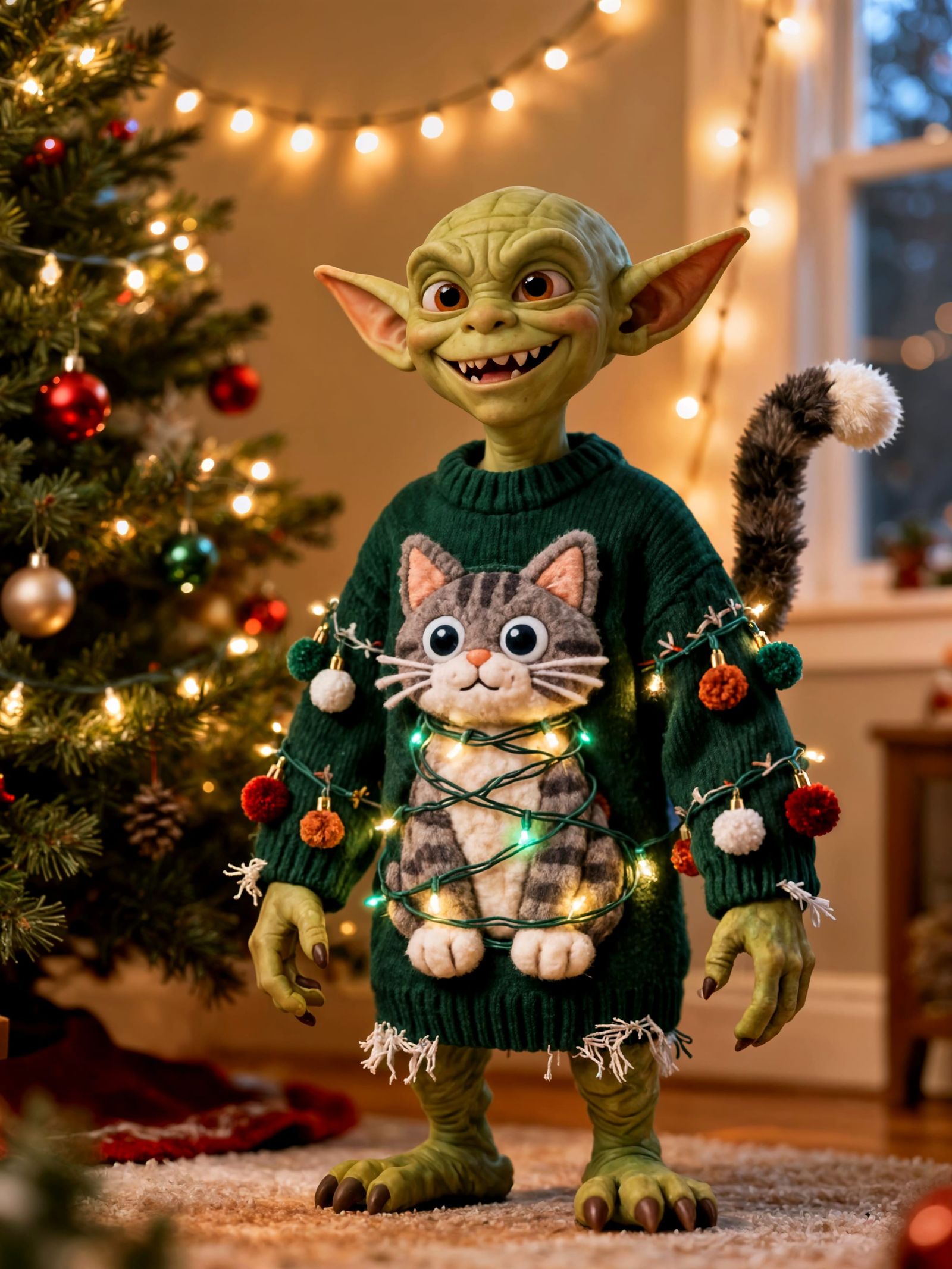 Goblin in Ugly Christmas Sweater with Cat