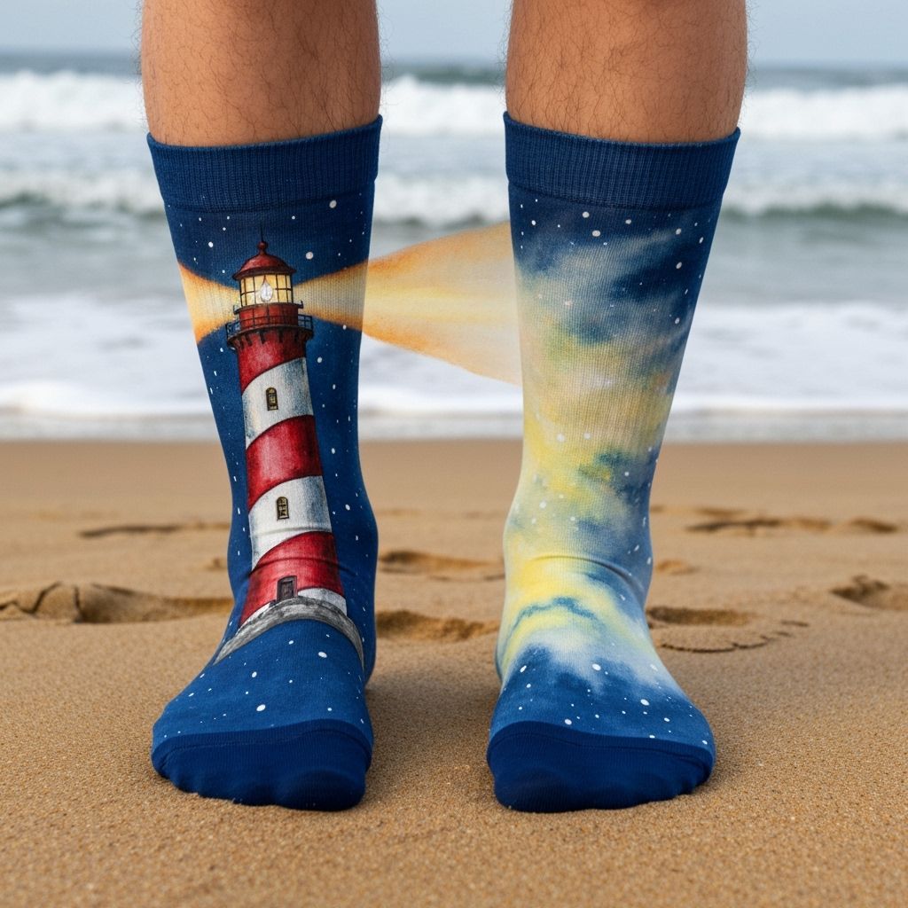 Painterly Lighthouse Socks on Sandy Beach