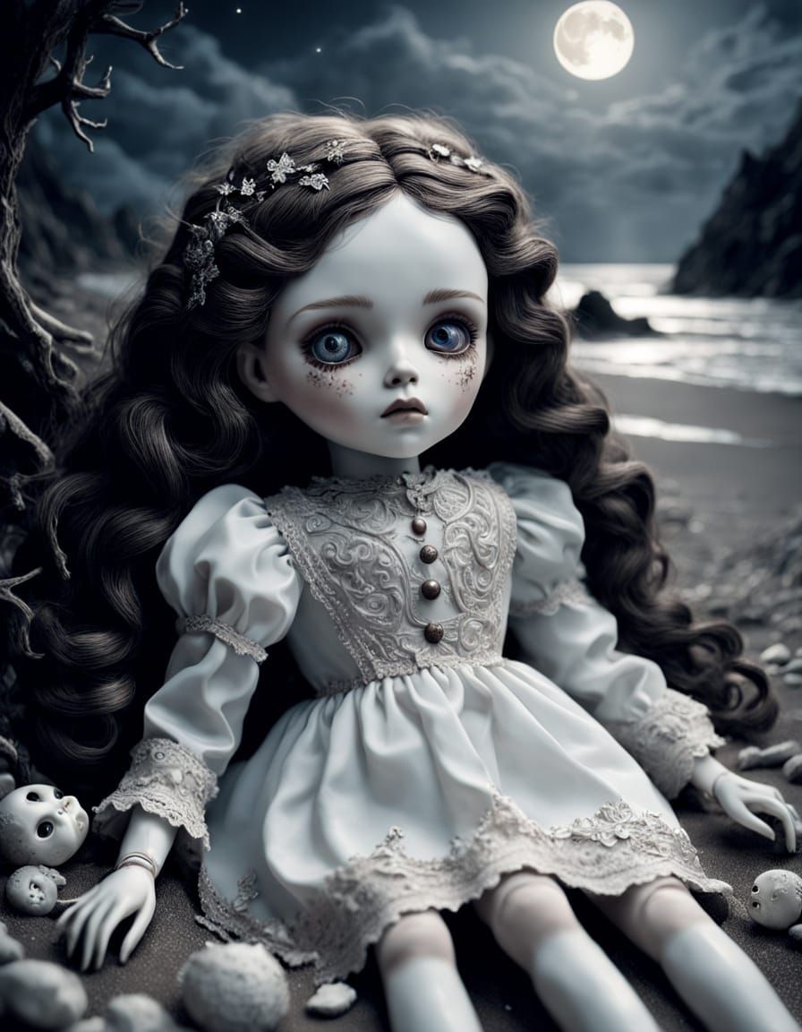 Surreal Moonlit Nightmare: Shattered Porcelain Doll on Desol...