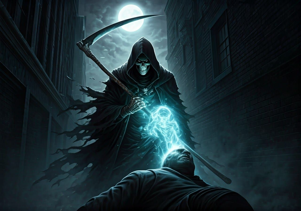 Grim Reaper Soul Extraction in Dark Alley